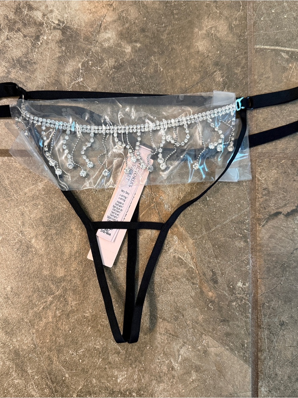 Victoria's Secret Black V-String Thong with Rhinestone Fringe